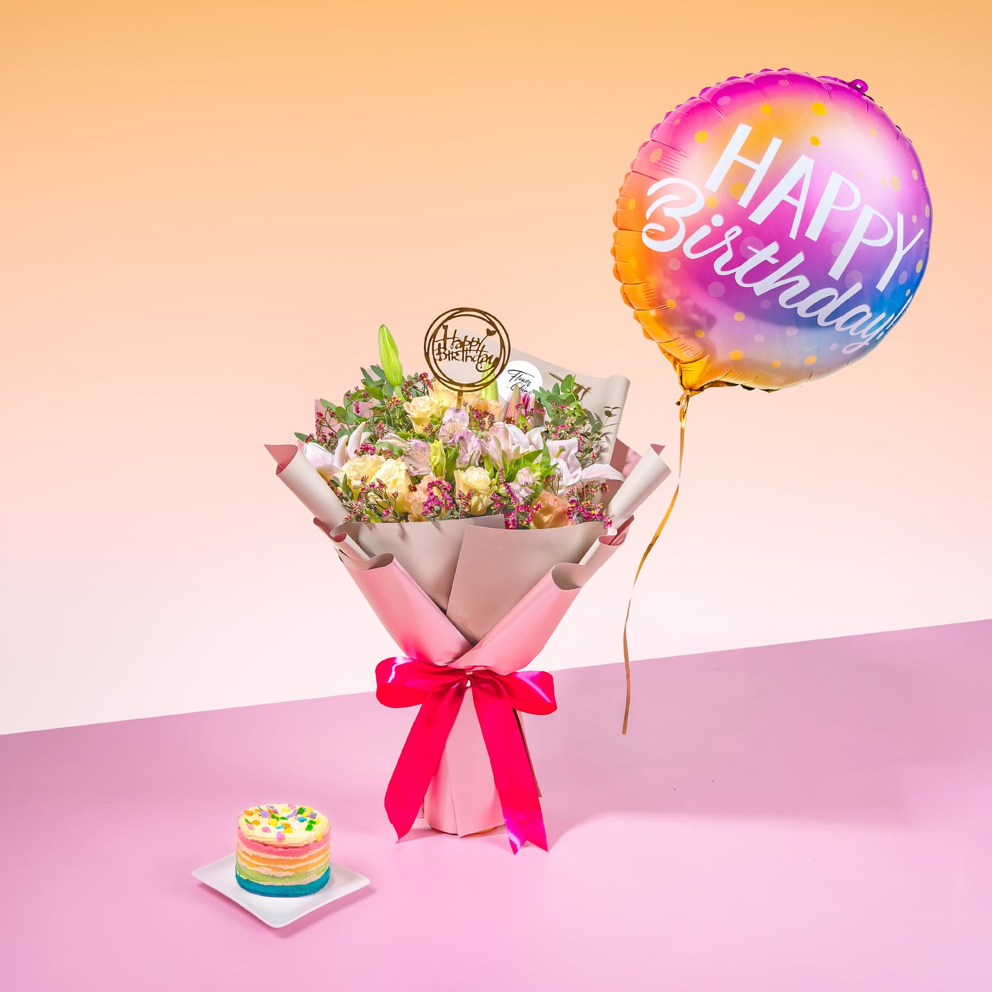 bundle_bouquet_cake_balloon Rainbow Fantasy Gift Set