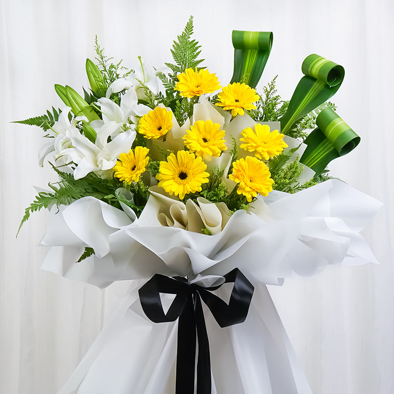flower_stand_condolence Golden Solace Condolence / Funeral Flowers